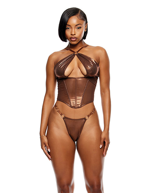 Liquid Metal Metallic Mesh Bustier w/G-String 2 pc Set - Metallic Copper