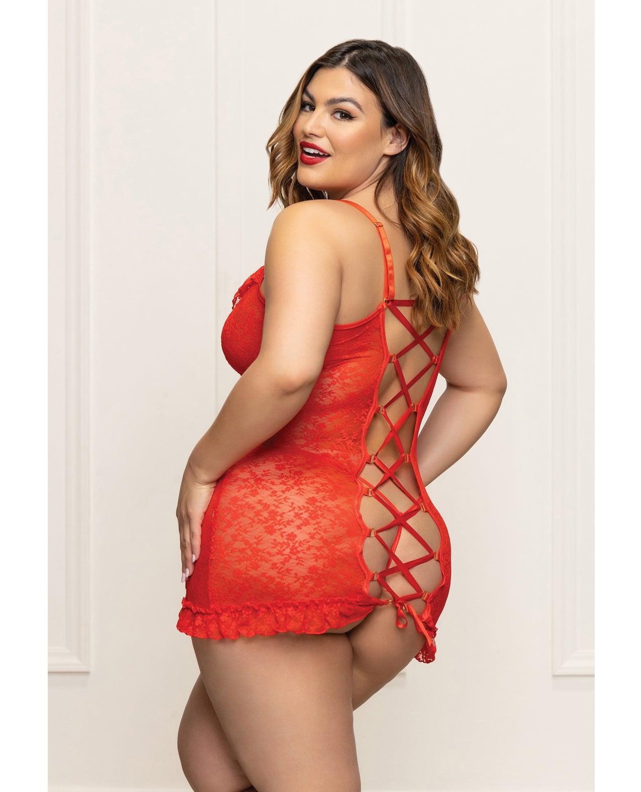 Lace Chemise w/Ruffle Trim & G-String - Red QN