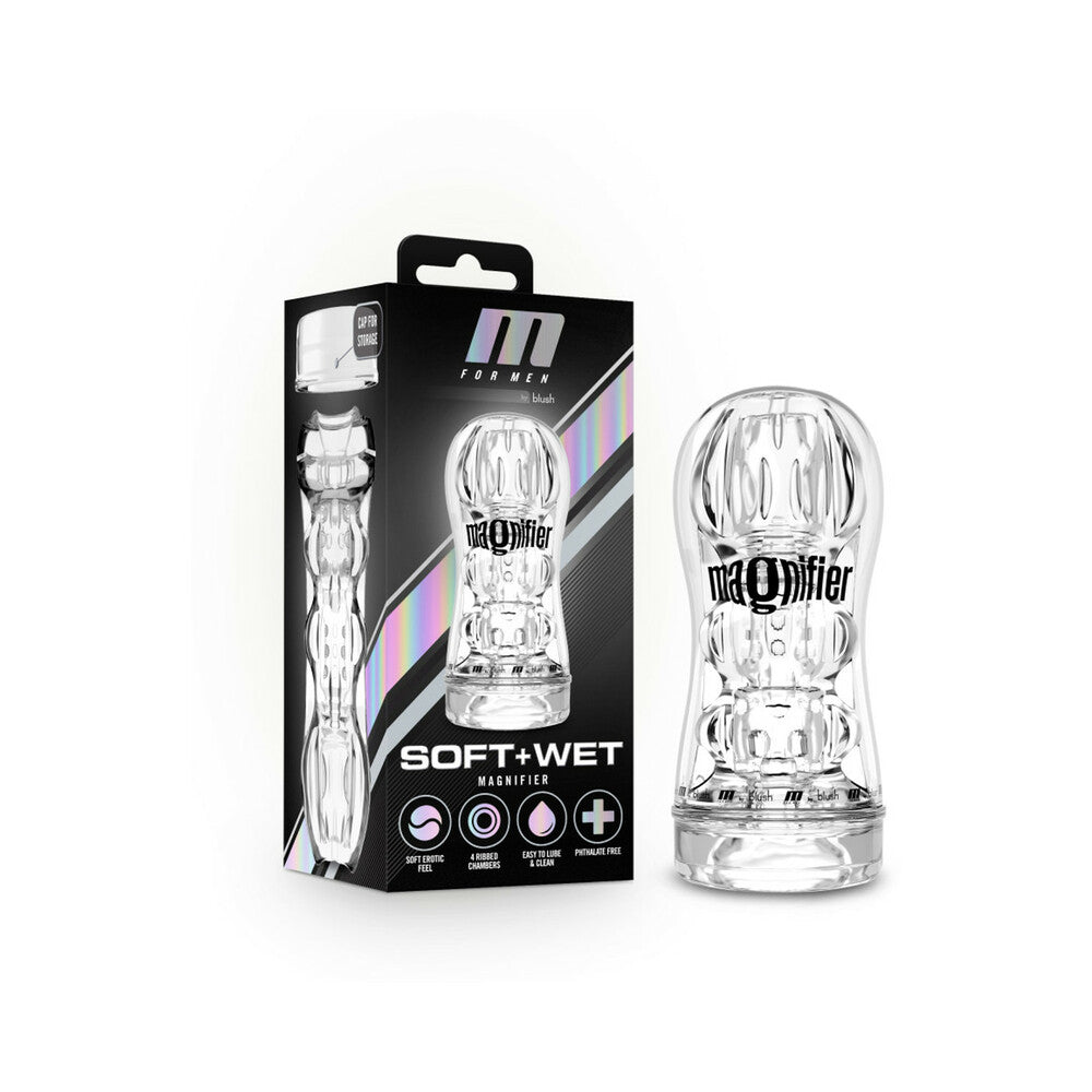 M for Men Soft + Wet Magnifier Self-Lubricating See-Through Stroker Clear